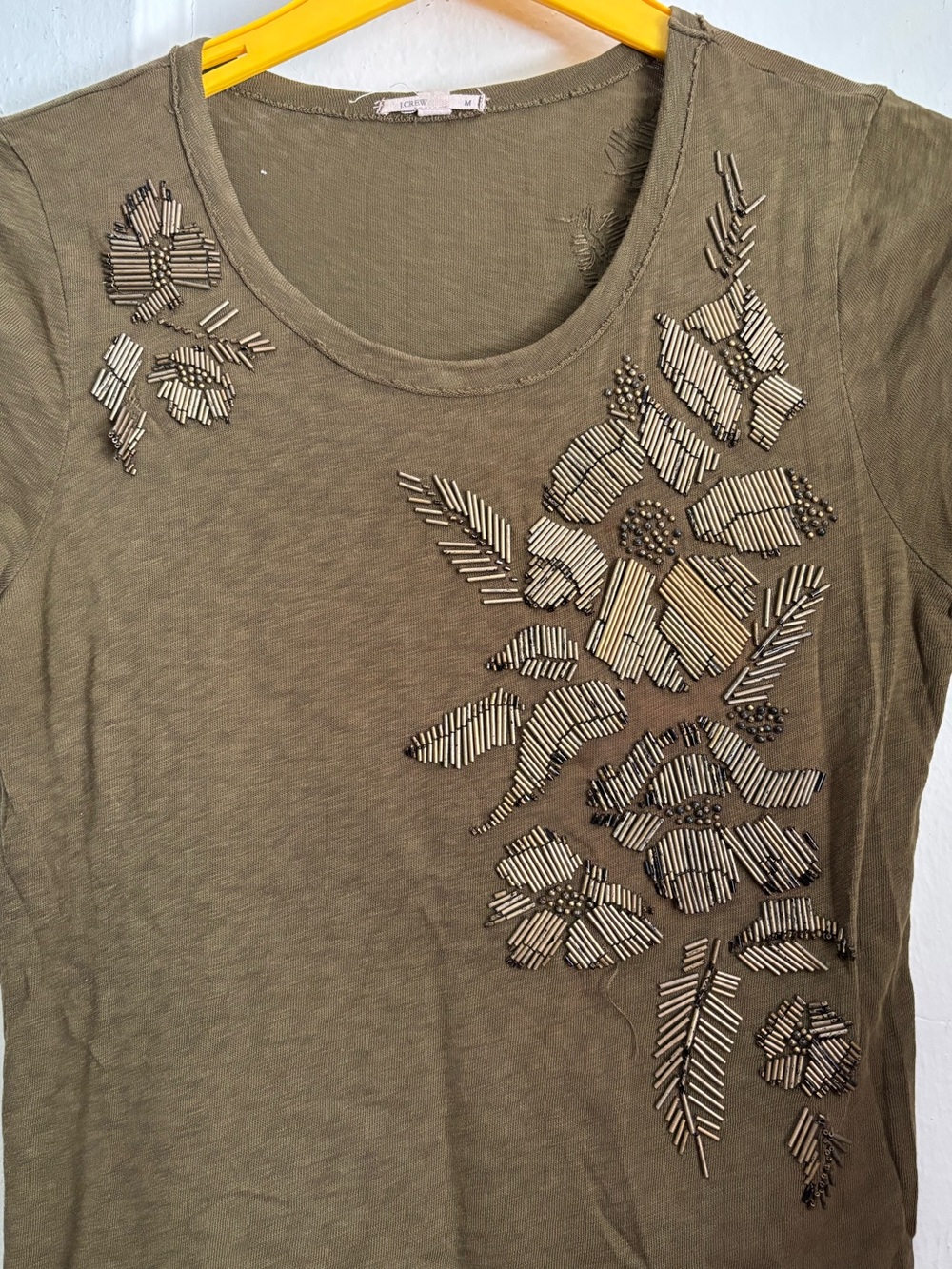 J. Crew Olive Short Sleeve Tee with Tonal Floral Design